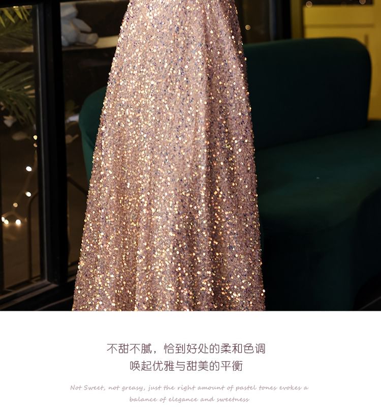 Puff-Sleeve Sequin Evening A-Line Gown