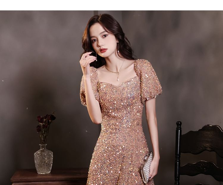 Puff-Sleeve Sequin Evening A-Line Gown