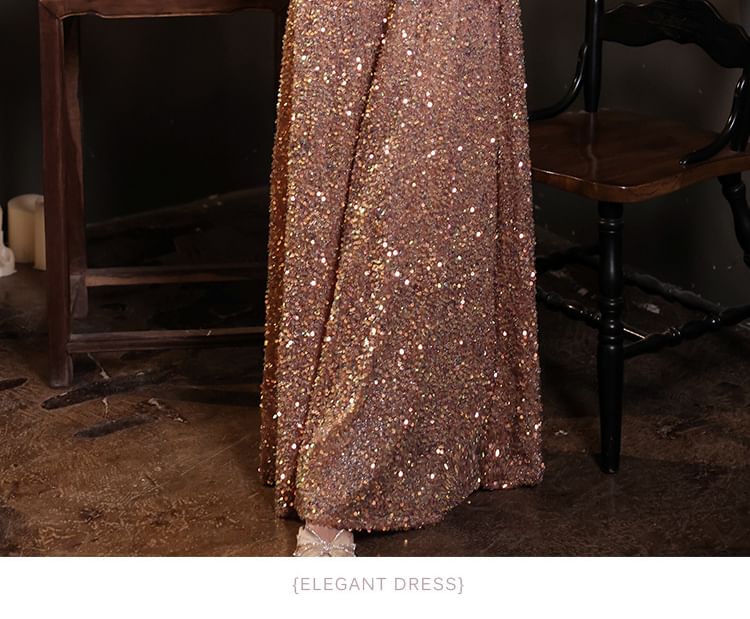 Puff-Sleeve Sequin Evening A-Line Gown