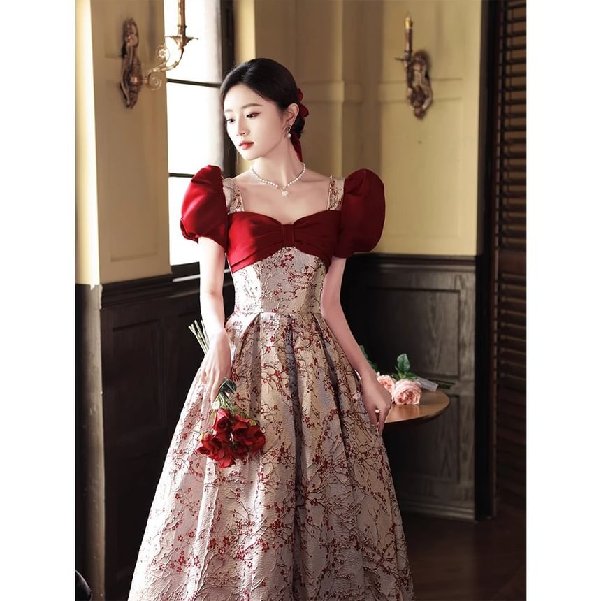 Floral A-Line Puff-Sleeve Gown Evening
