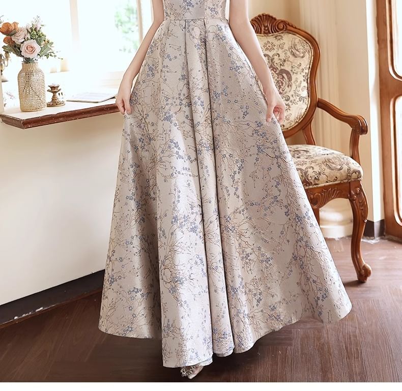 Floral A-Line Puff-Sleeve Gown Evening