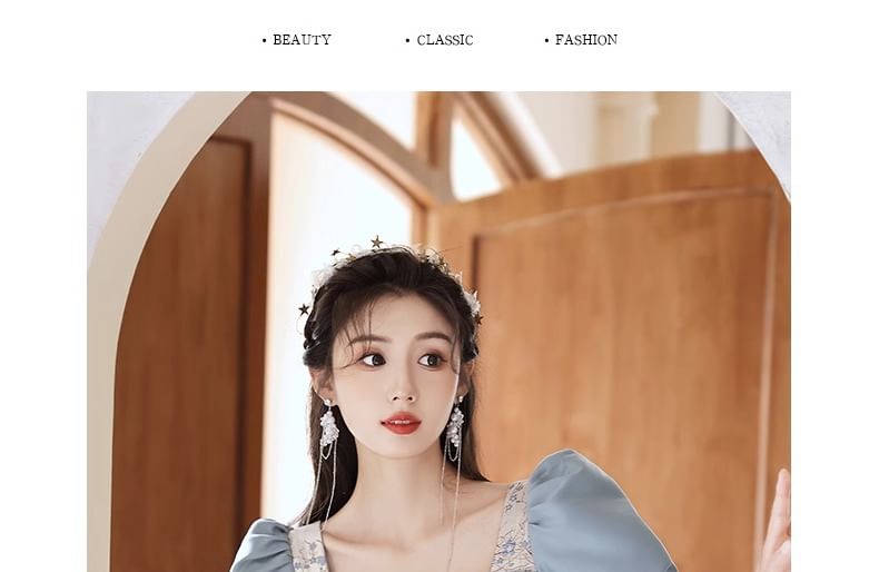 Floral A-Line Puff-Sleeve Gown Evening