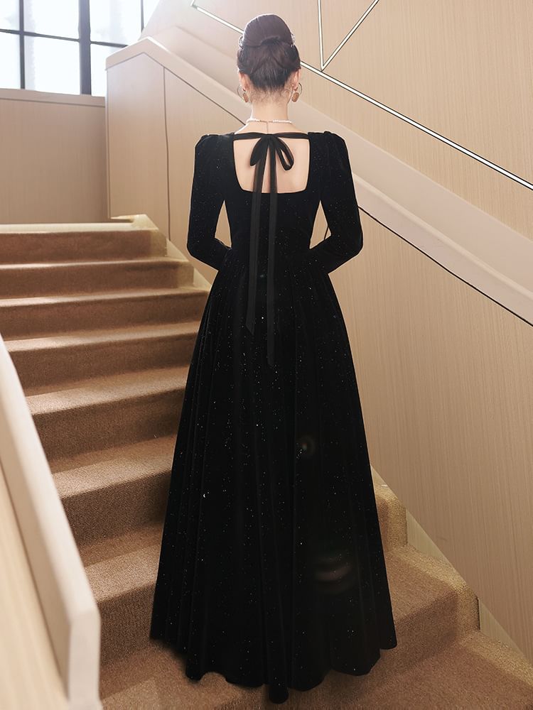 A-Line Gown Sequin Neck Evening Long-Sleeve Square