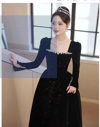 A-Line Gown Sequin Neck Evening Long-Sleeve Square