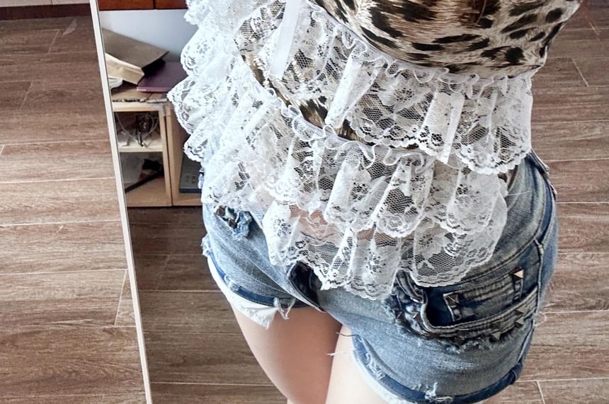 Print Bow Leopard Accent Camisole Top Trim Crop Lace