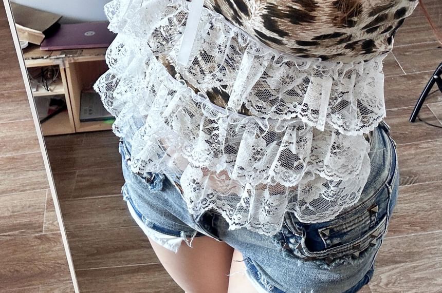 Print Bow Leopard Accent Camisole Top Trim Crop Lace