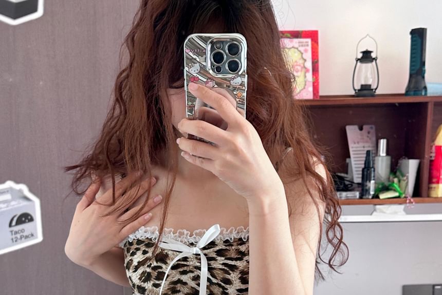 Print Bow Leopard Accent Camisole Top Trim Crop Lace