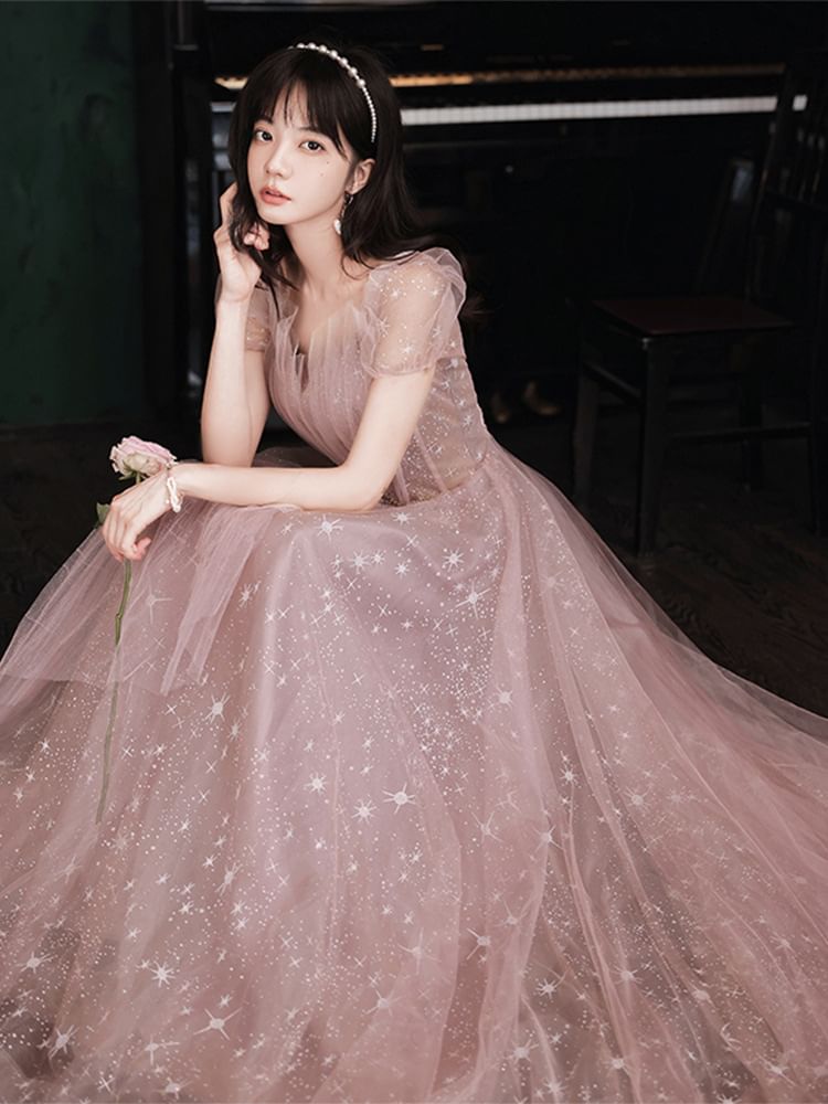 V-Neck Gown A-Line Mesh Short-Sleeve Evening