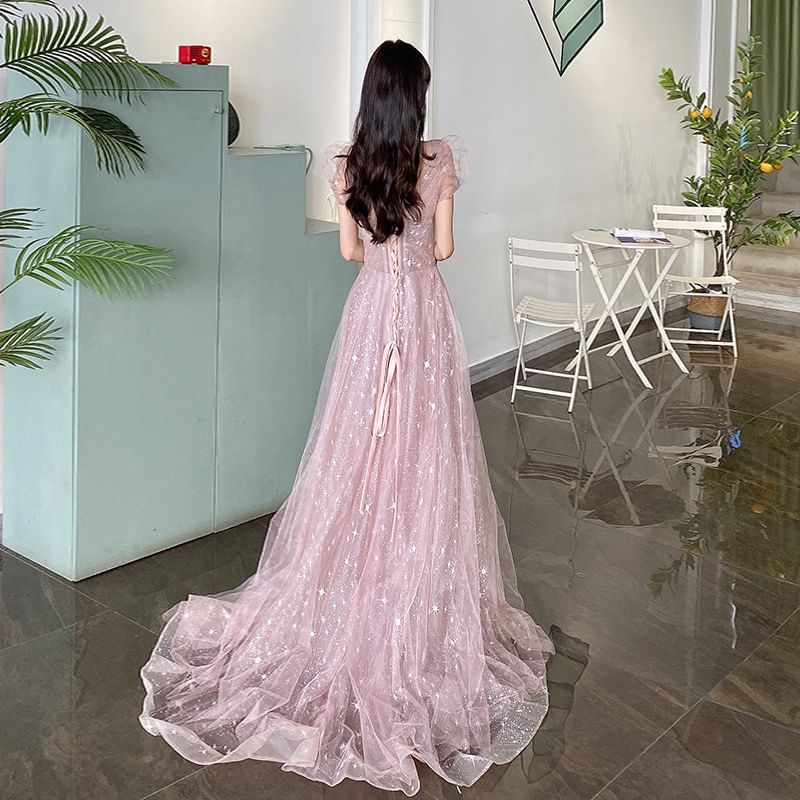 V-Neck Gown A-Line Mesh Short-Sleeve Evening