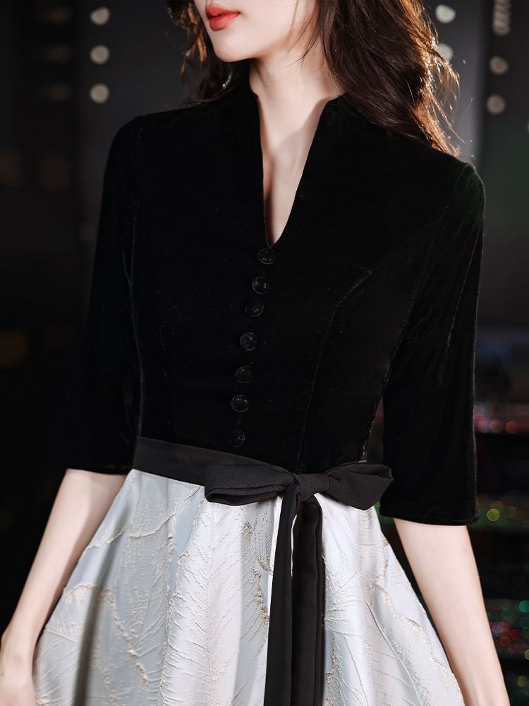 / V-Neck A-Line Gown Elbow-Sleeve Evening Dress