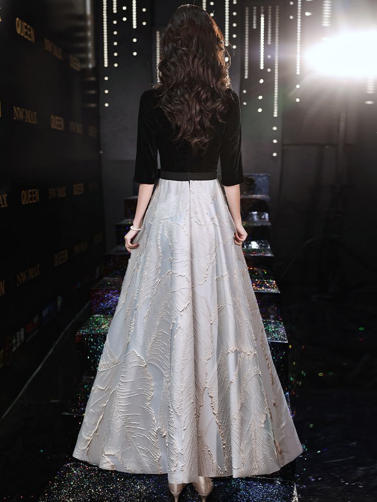 / V-Neck A-Line Gown Elbow-Sleeve Evening Dress