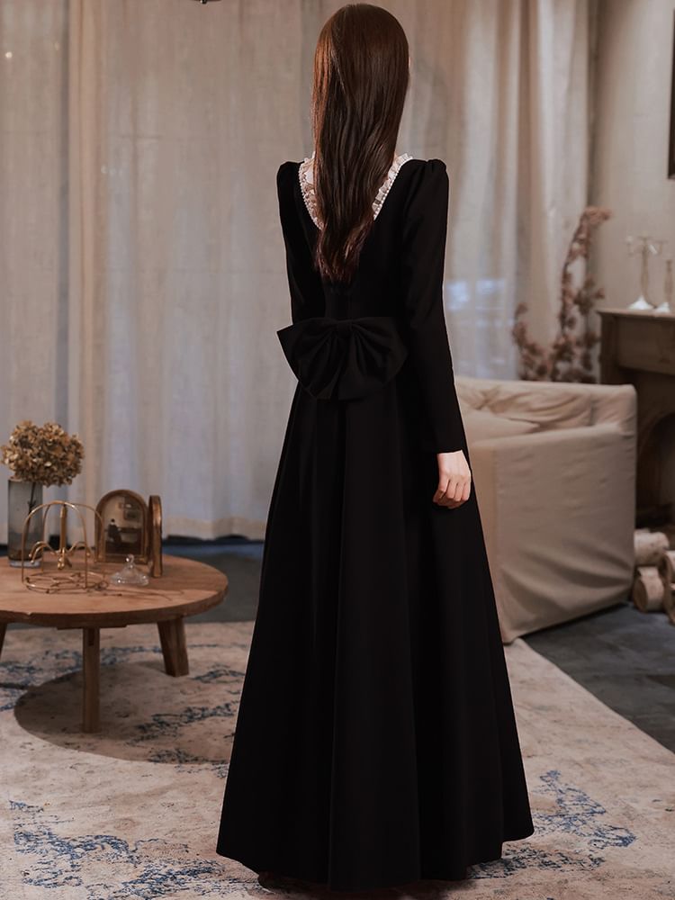 (Various / Neck Square Plain Designs) Long-Sleeve Evening Gown Dress A-Line