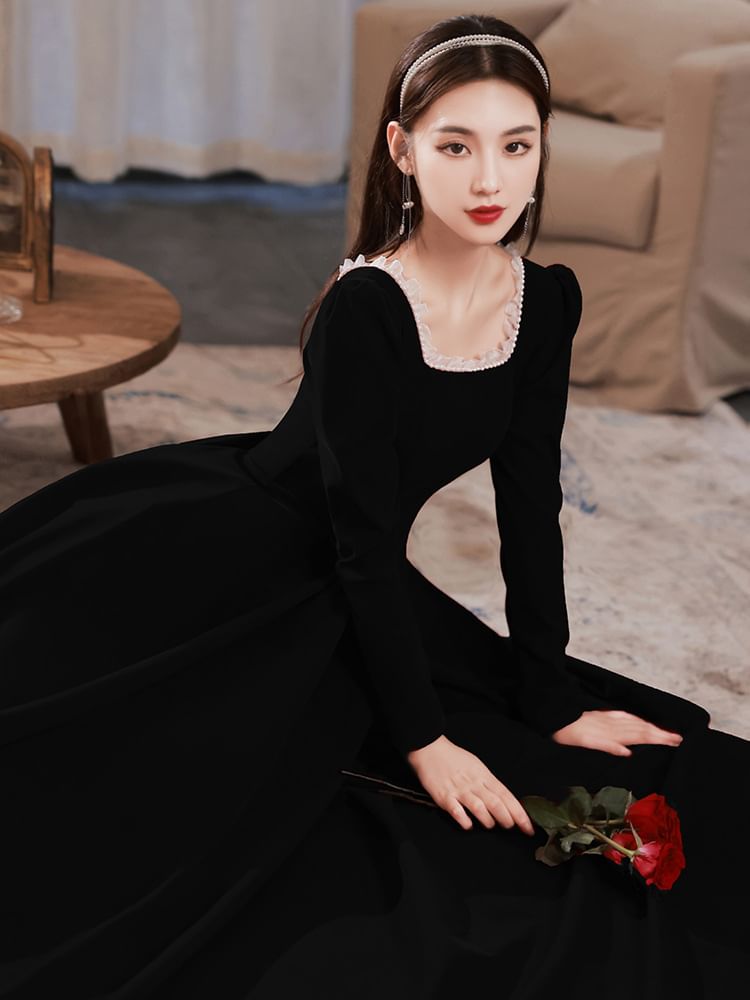 (Various / Neck Square Plain Designs) Long-Sleeve Evening Gown Dress A-Line