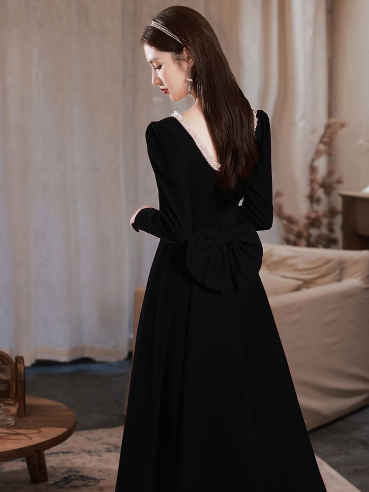 (Various / Neck Square Plain Designs) Long-Sleeve Evening Gown Dress A-Line