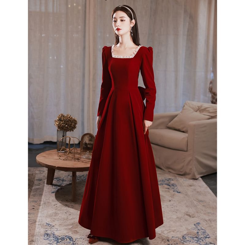 (Various / Neck Square Plain Designs) Long-Sleeve Evening Gown Dress A-Line