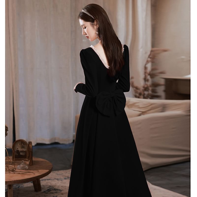 (Various / Neck Square Plain Designs) Long-Sleeve Evening Gown Dress A-Line