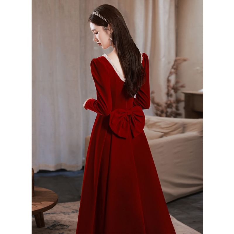 (Various / Neck Square Plain Designs) Long-Sleeve Evening Gown Dress A-Line