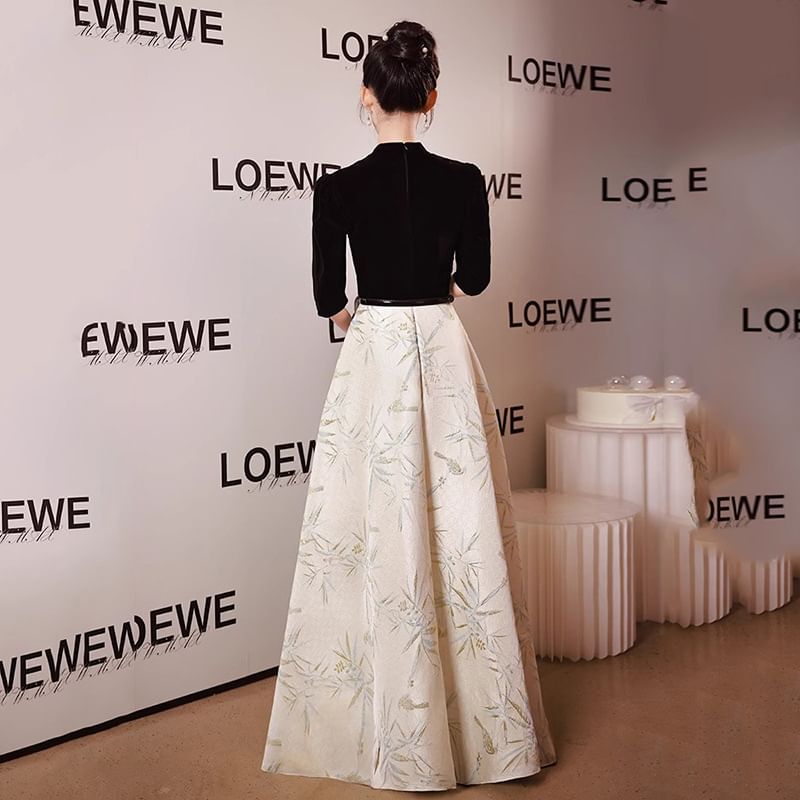 Elbow-Sleeve Evening Dress Notched / A-Line Gown