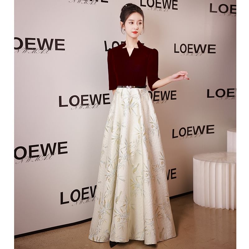 Elbow-Sleeve Evening Dress Notched / A-Line Gown