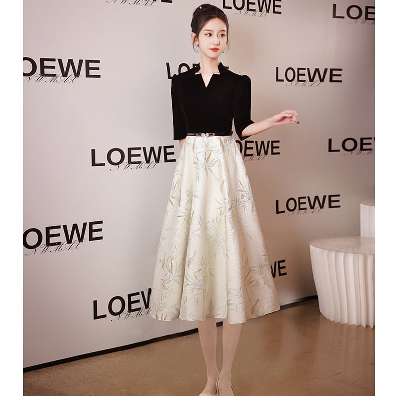 Elbow-Sleeve Evening Dress Notched / A-Line Gown