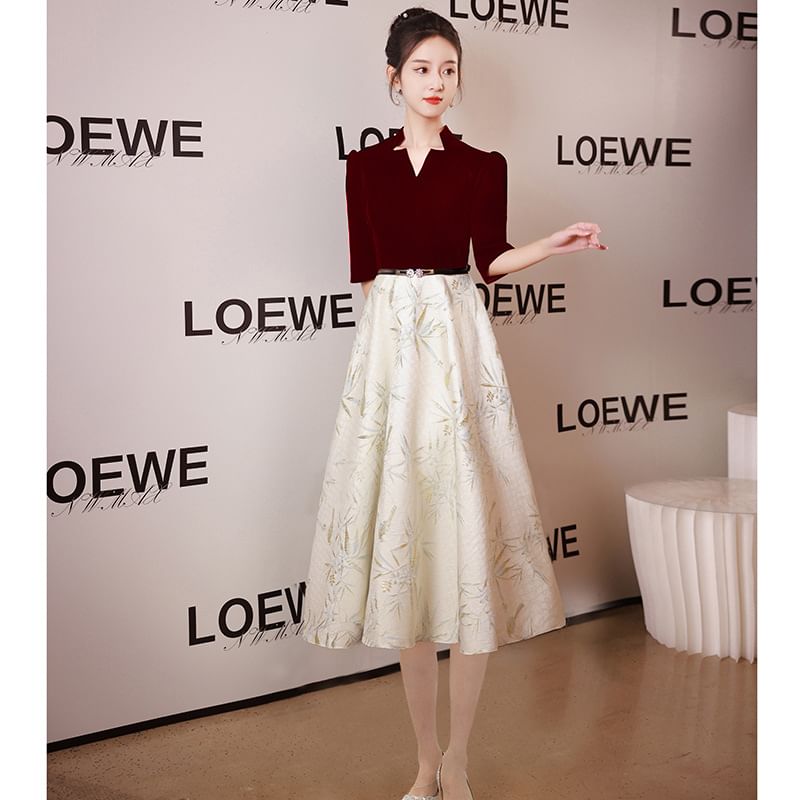 Elbow-Sleeve Evening Dress Notched / A-Line Gown