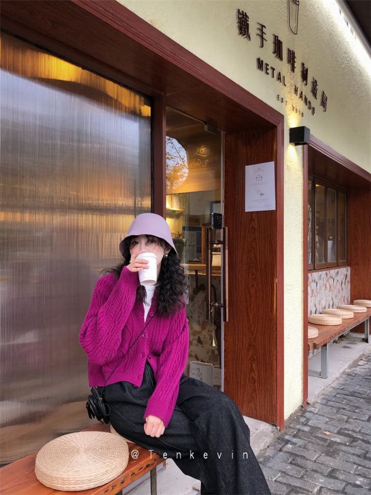 Cable Knit Button-Up Cardigan Plain