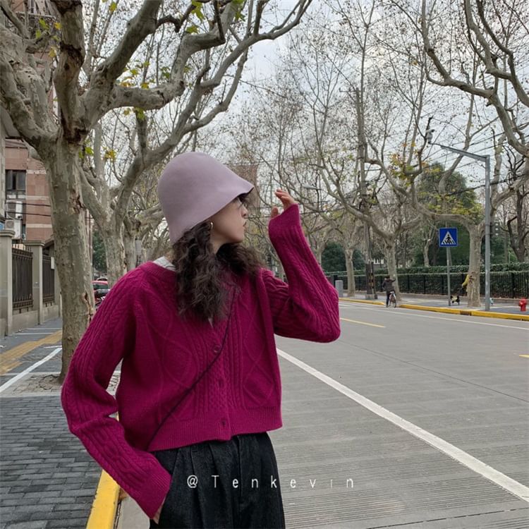 Cable Knit Button-Up Cardigan Plain