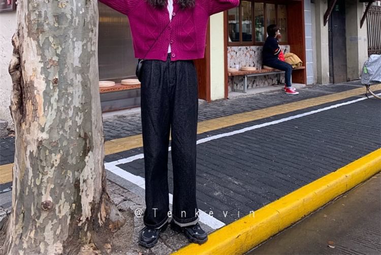 Cable Knit Button-Up Cardigan Plain