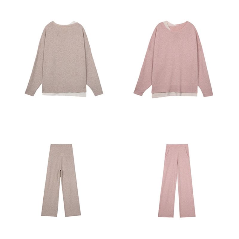 T-Shirt + Set: Long-Sleeve Two-Tone High Waist Pants Crew Neck Leg Wide