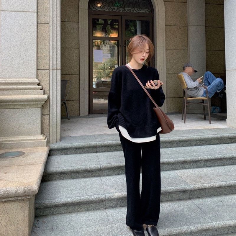 T-Shirt + Set: Long-Sleeve Two-Tone High Waist Pants Crew Neck Leg Wide