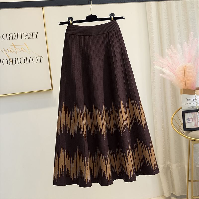 Midi Printed High A-Line Waist Skirt Knit