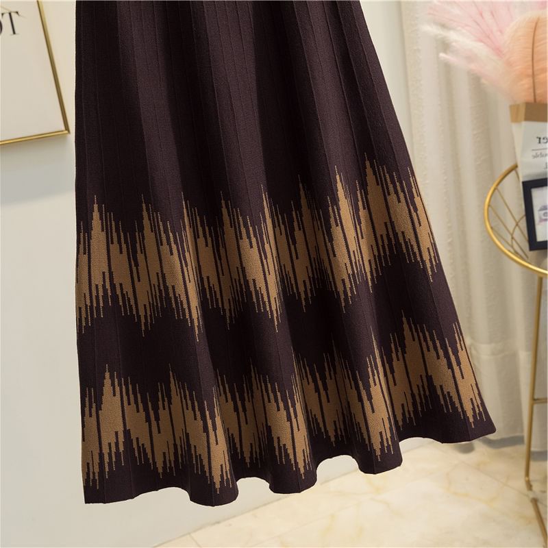 Midi Printed High A-Line Waist Skirt Knit