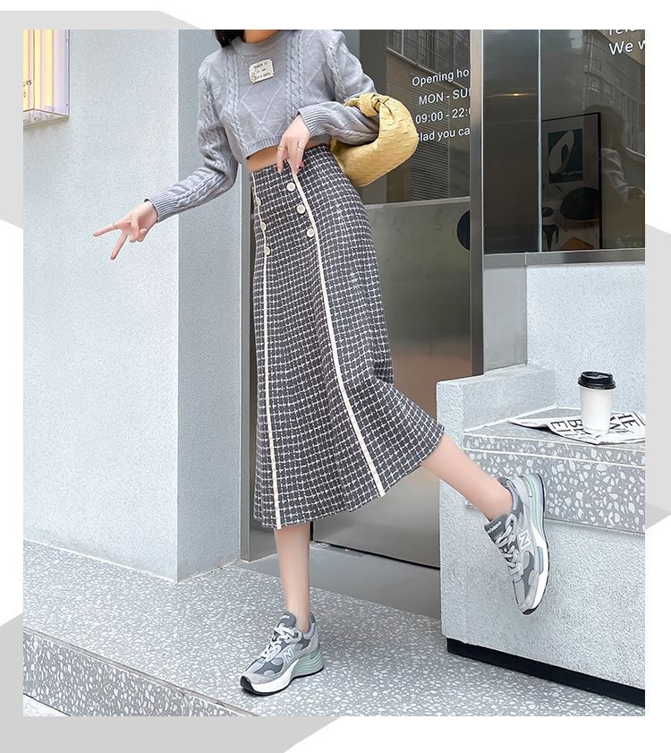 Knit Waist Skirt A-Line Midi High Plaid