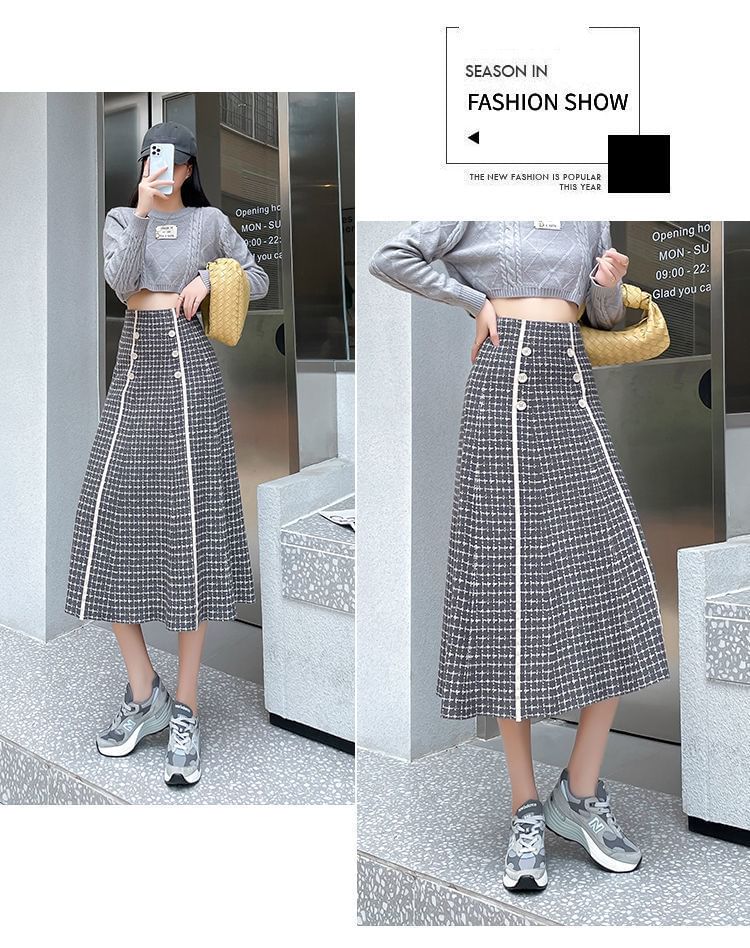 Knit Waist Skirt A-Line Midi High Plaid