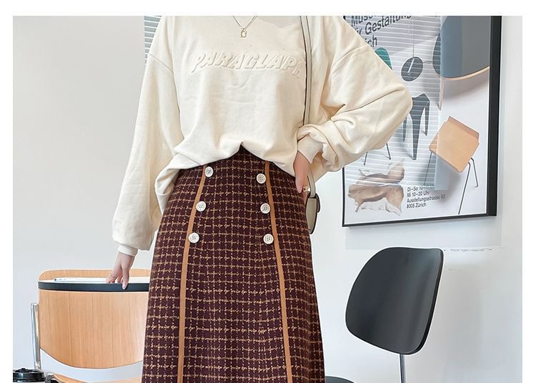 Knit Waist Skirt A-Line Midi High Plaid