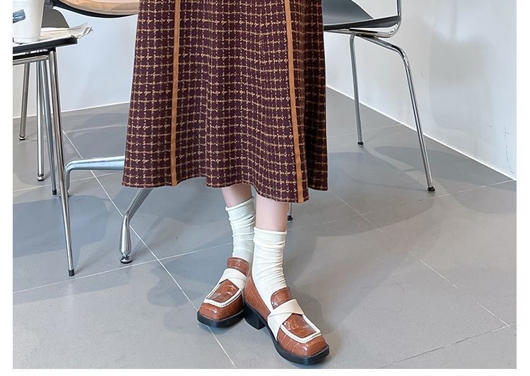 Knit Waist Skirt A-Line Midi High Plaid