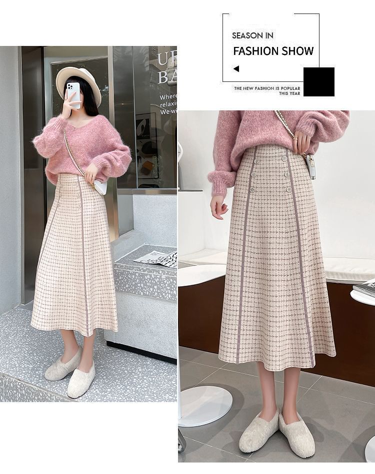 Knit Waist Skirt A-Line Midi High Plaid