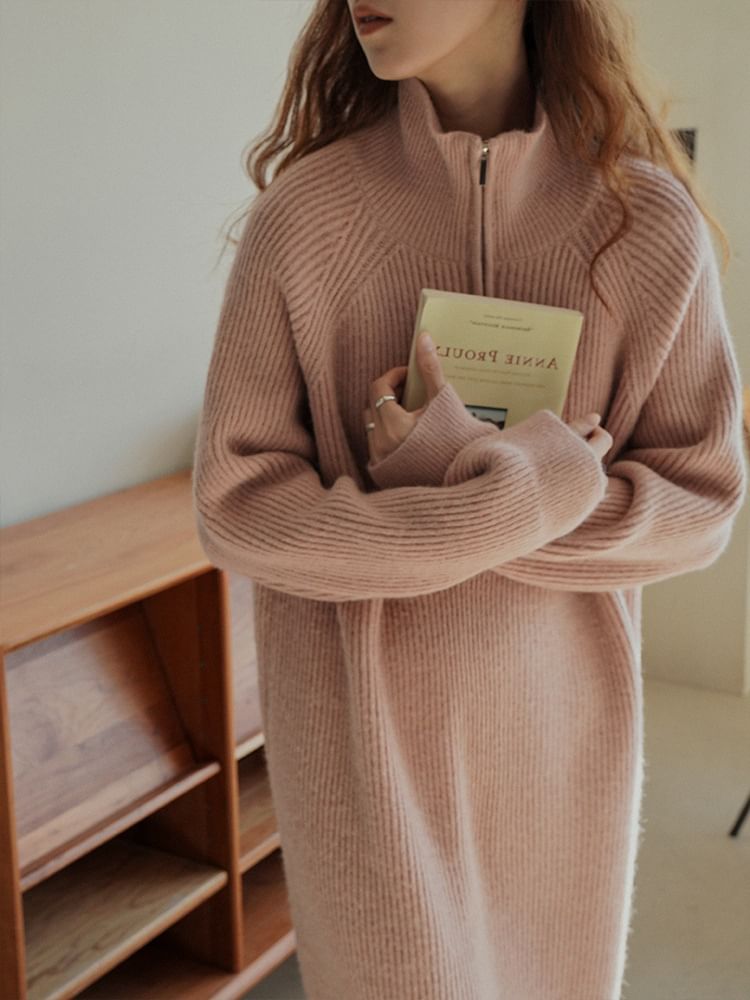 Sweater Dress Half-Zip Plain Midi Ribbed Long-Sleeve