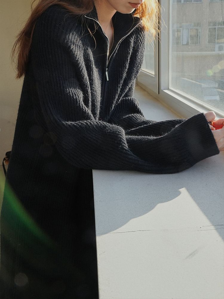 Sweater Dress Half-Zip Plain Midi Ribbed Long-Sleeve