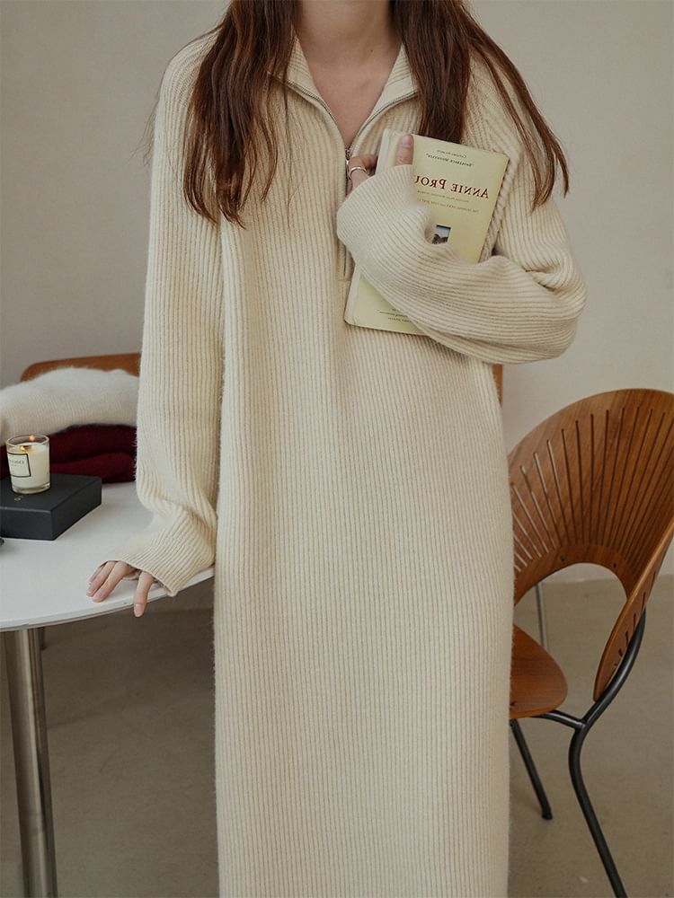 Sweater Dress Half-Zip Plain Midi Ribbed Long-Sleeve