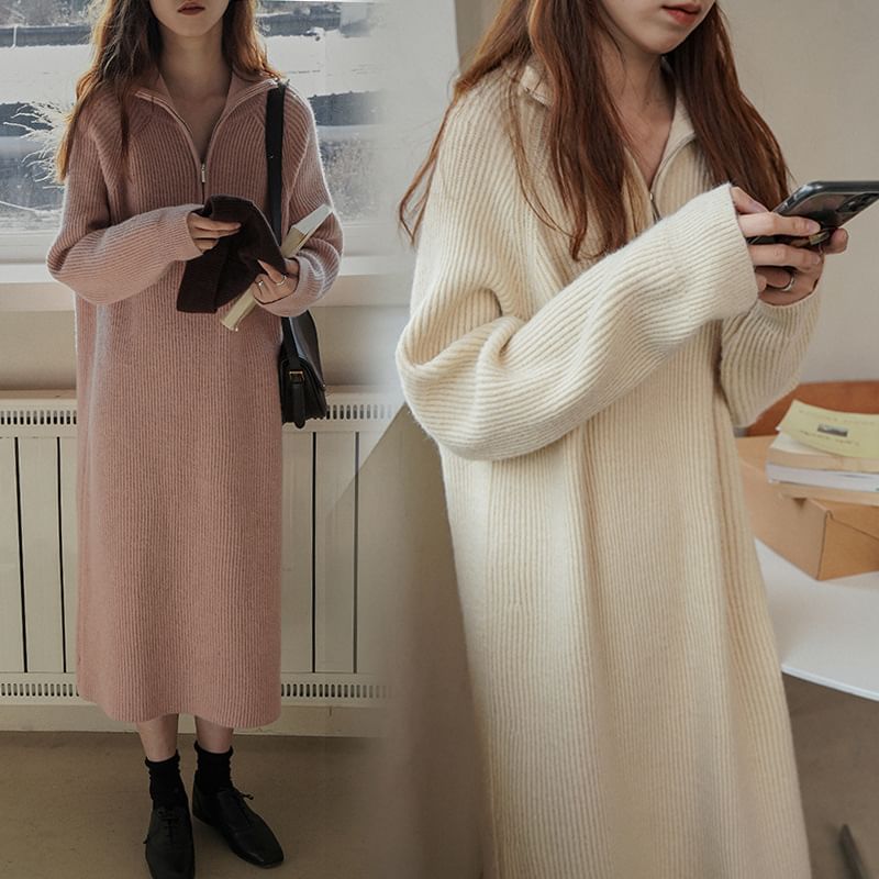 Sweater Dress Half-Zip Plain Midi Ribbed Long-Sleeve