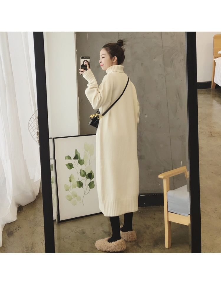 Turtleneck Dress Midi Plain Sweater Long-Sleeve