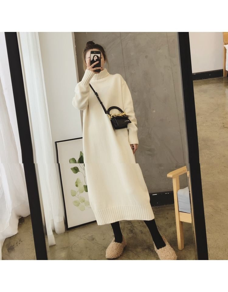 Turtleneck Dress Midi Plain Sweater Long-Sleeve