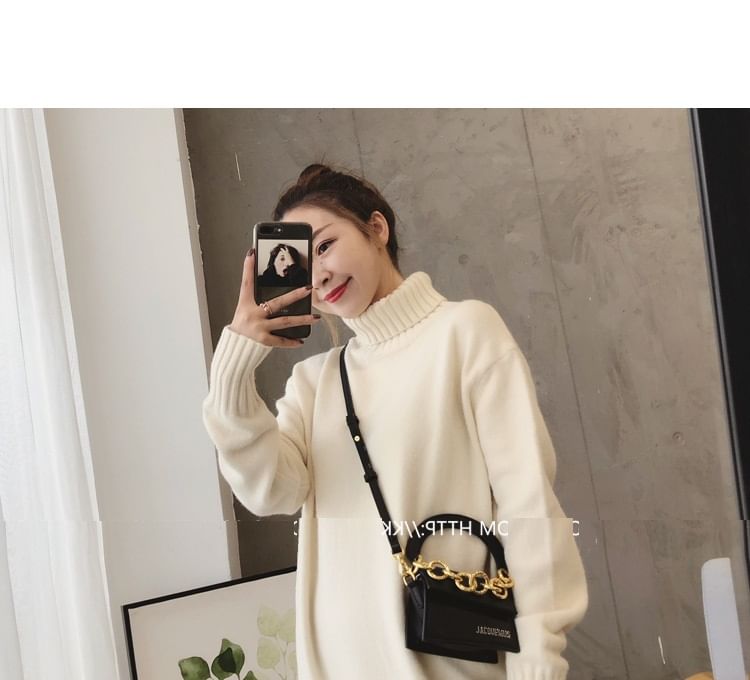 Turtleneck Dress Midi Plain Sweater Long-Sleeve