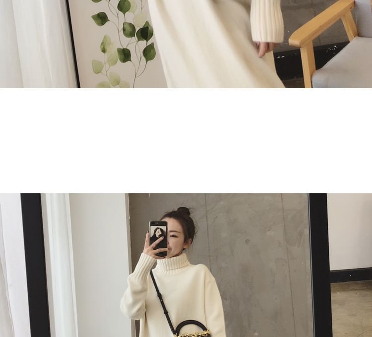 Turtleneck Dress Midi Plain Sweater Long-Sleeve