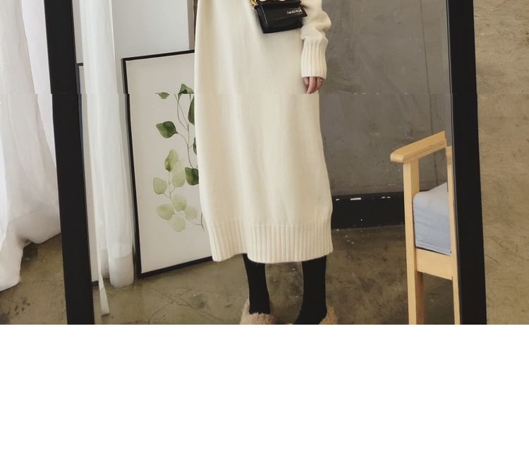 Turtleneck Dress Midi Plain Sweater Long-Sleeve