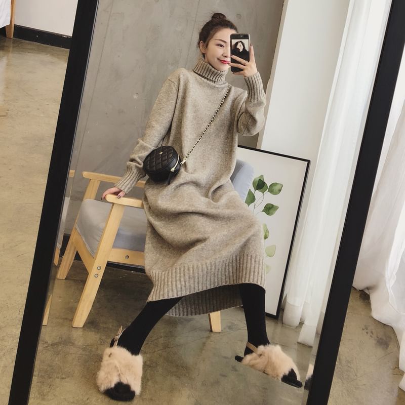 Turtleneck Dress Midi Plain Sweater Long-Sleeve