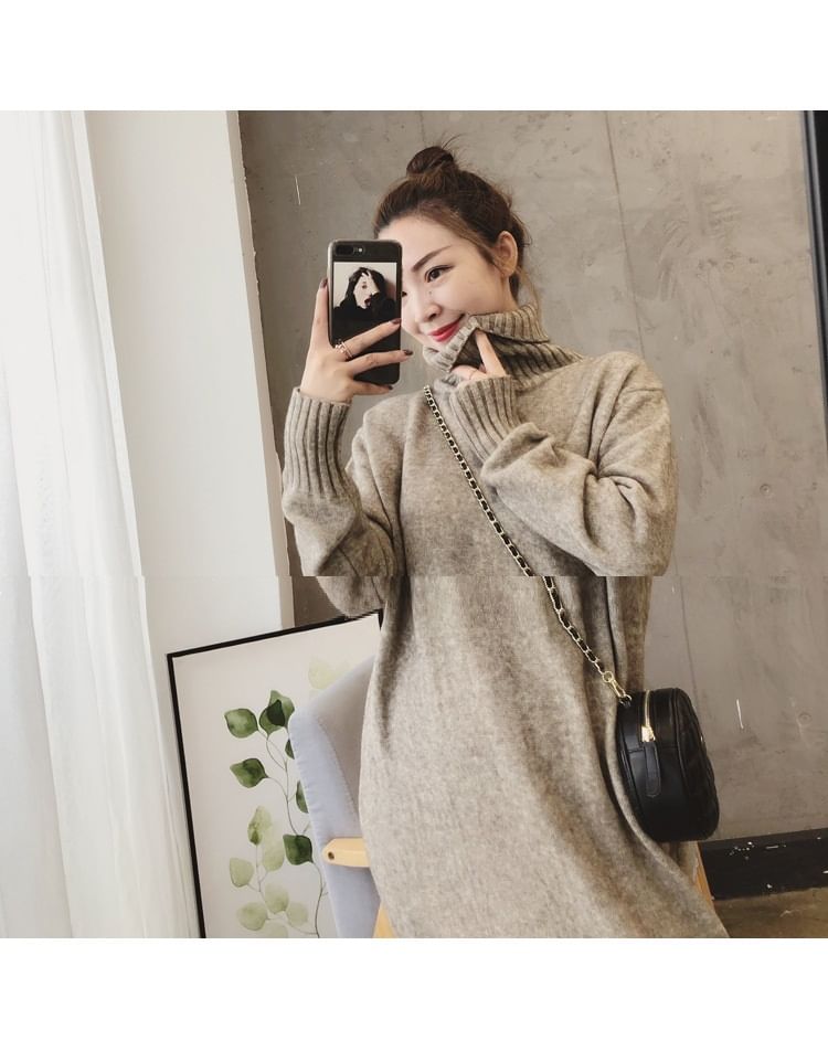 Turtleneck Dress Midi Plain Sweater Long-Sleeve