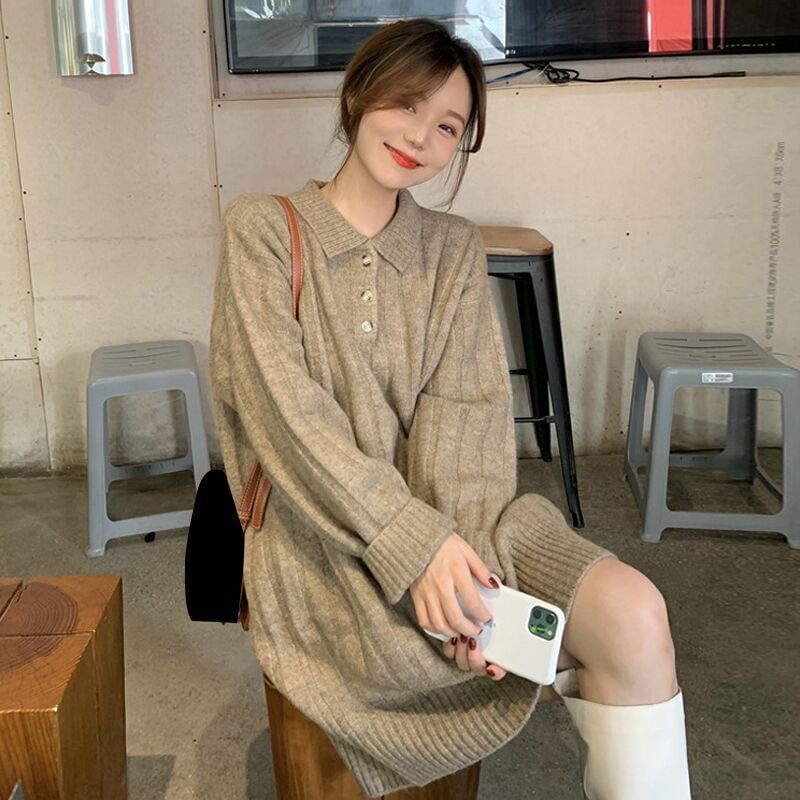 Dress Mini Plain Long-Sleeve Polo-Neck Sweater