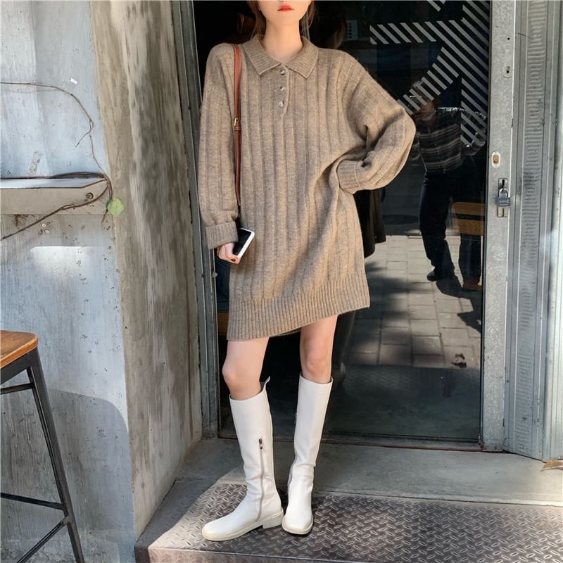 Dress Mini Plain Long-Sleeve Polo-Neck Sweater